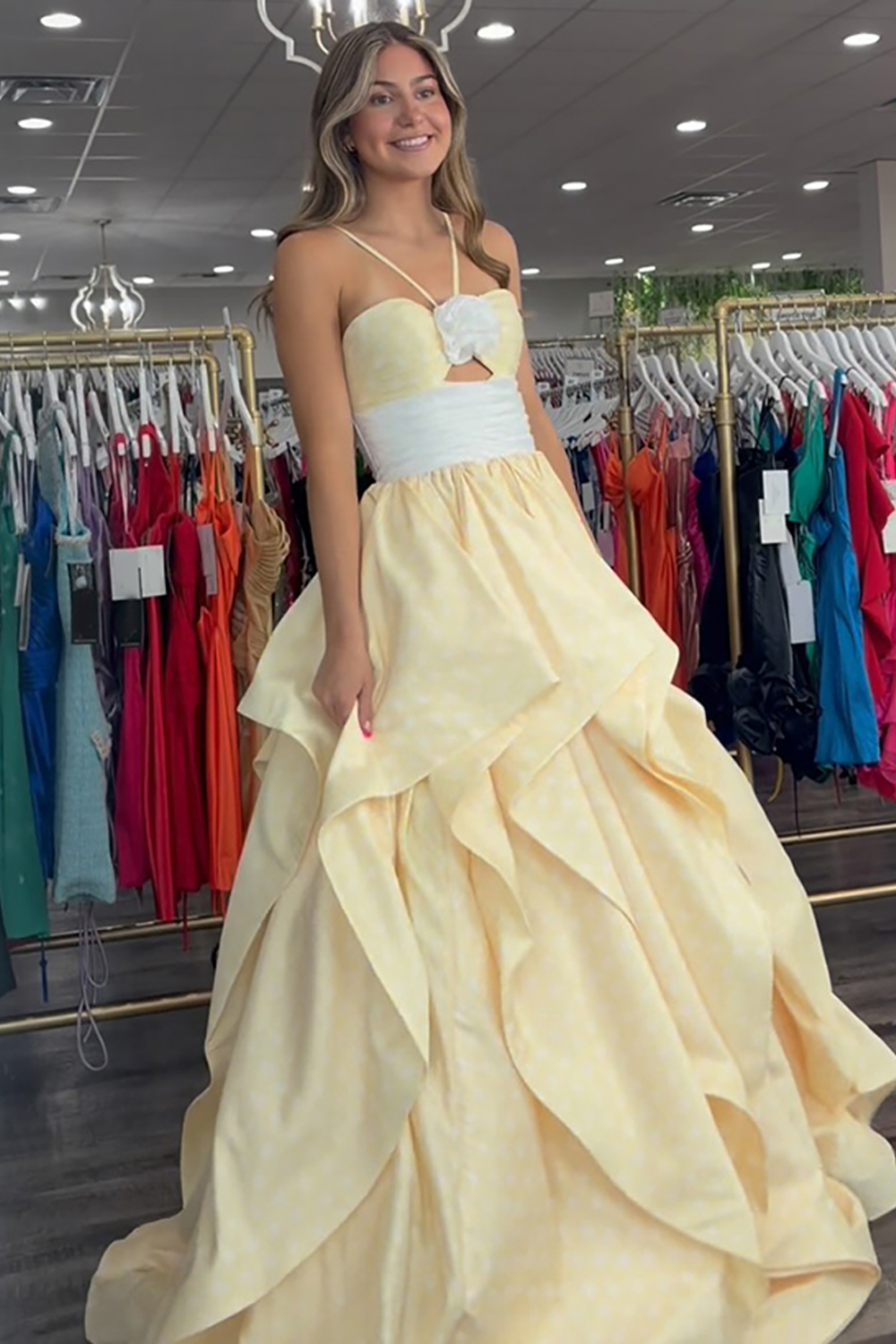 Black and White Dot A Line Halter Floral Long Prom Dress with Ruffles