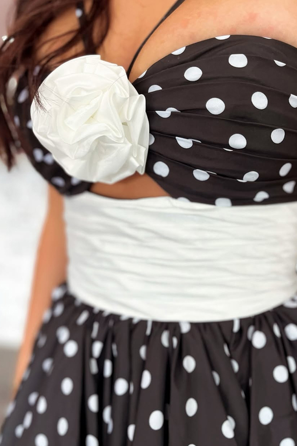 Black White Dot A Line Halter Floral Long Prom Dress with Ruffles