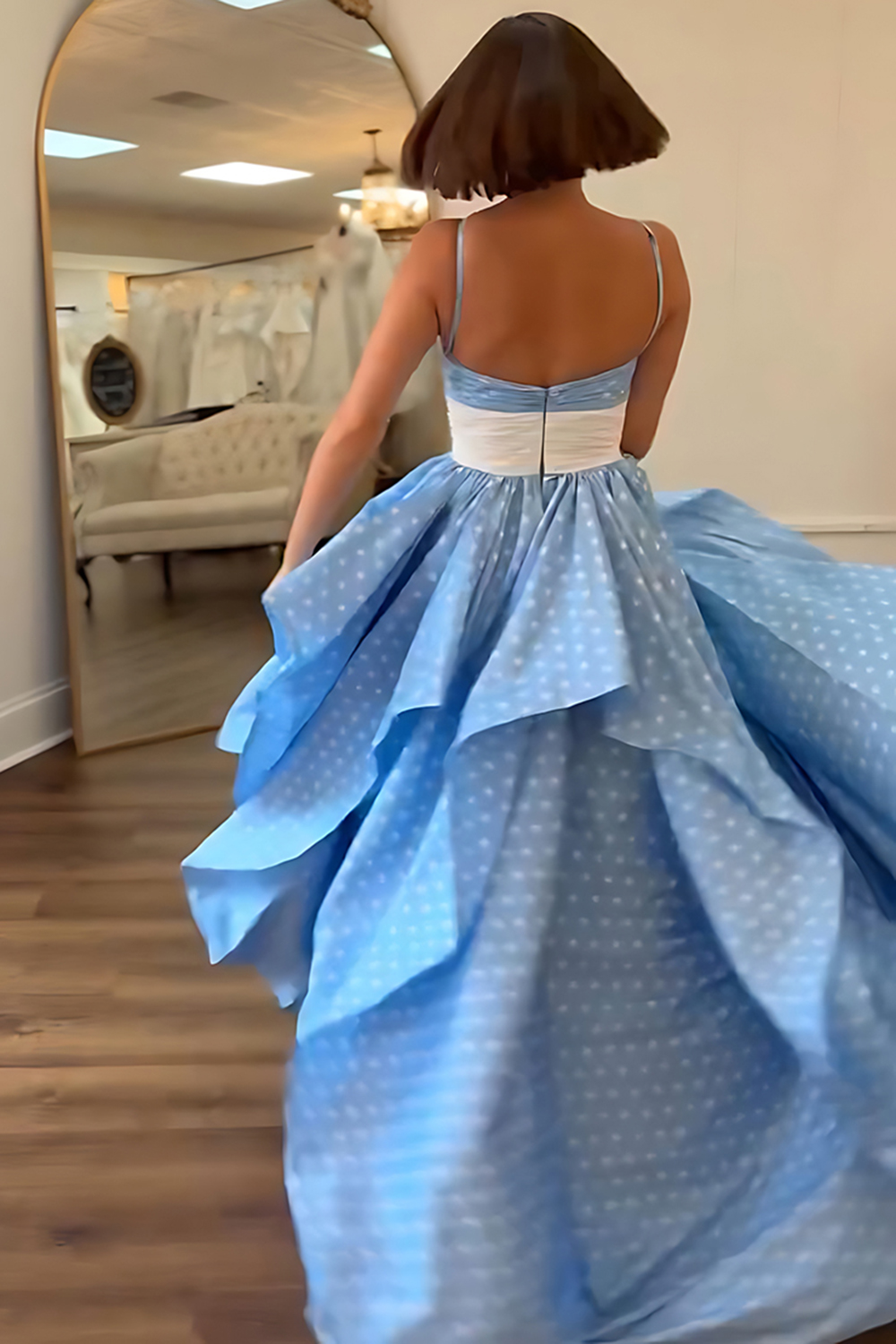 Black and White Dot A Line Halter Floral Long Prom Dress with Ruffles