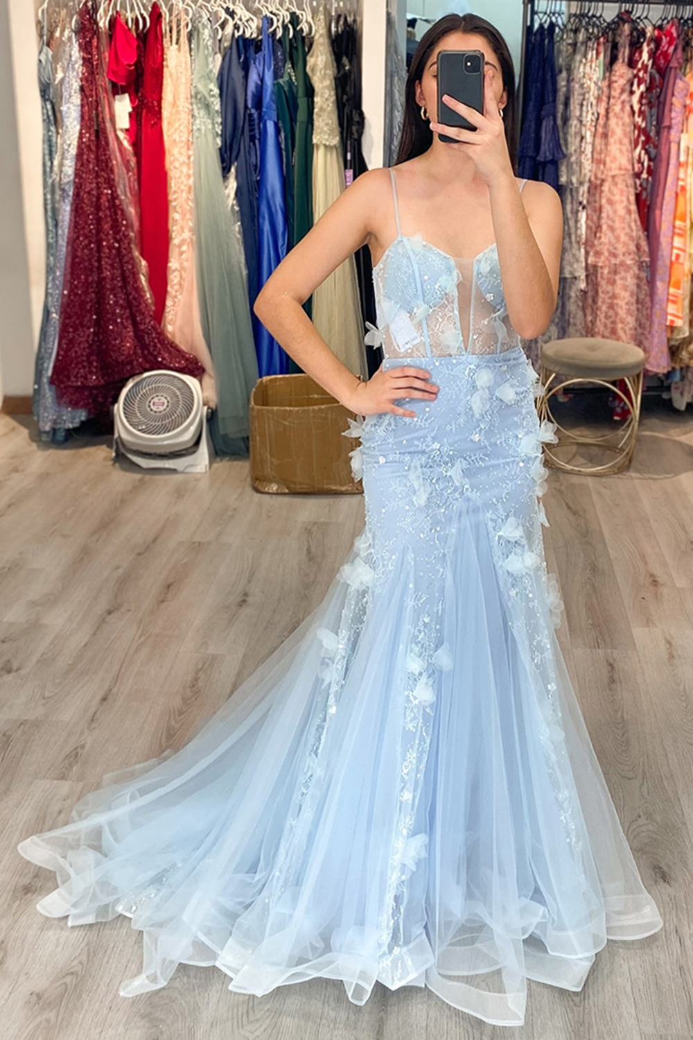 Blue Mermaid Tulle Corset Long Prom Dress with Appliques