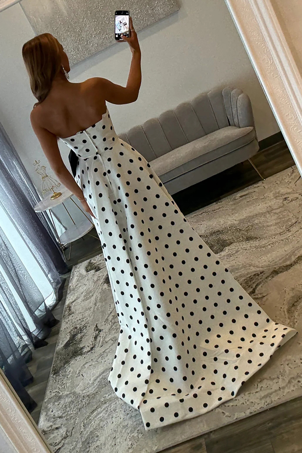 Fuchsia A Line Sweetheart Polka Dots Long Prom Dress with Bow