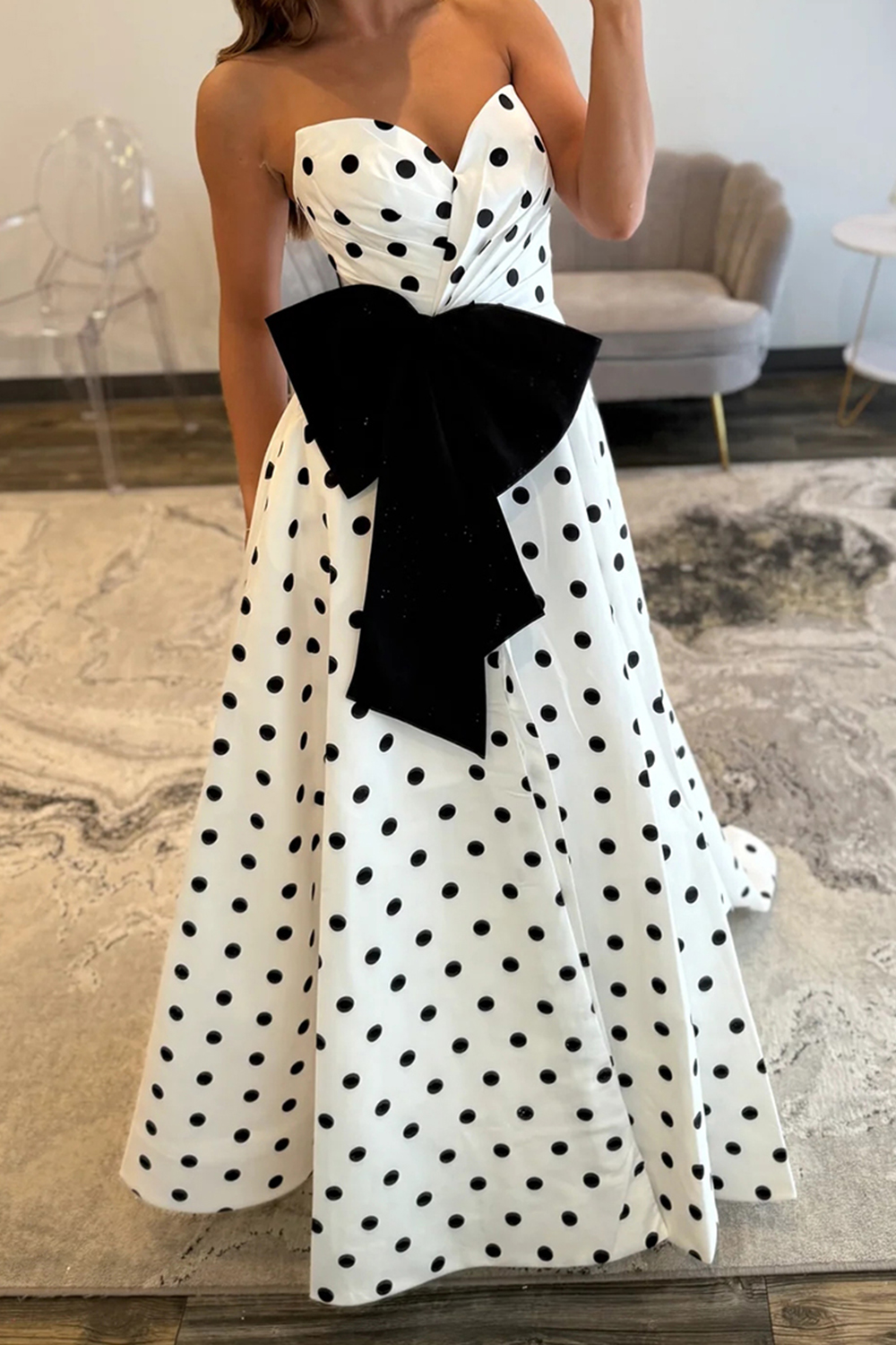 Fuchsia A Line Sweetheart Polka Dots Long Prom Dress with Bow