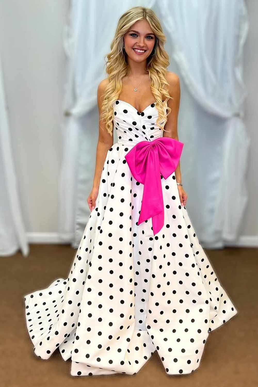 Fuchsia A Line Sweetheart Polka Dots Long Prom Dress with Bow