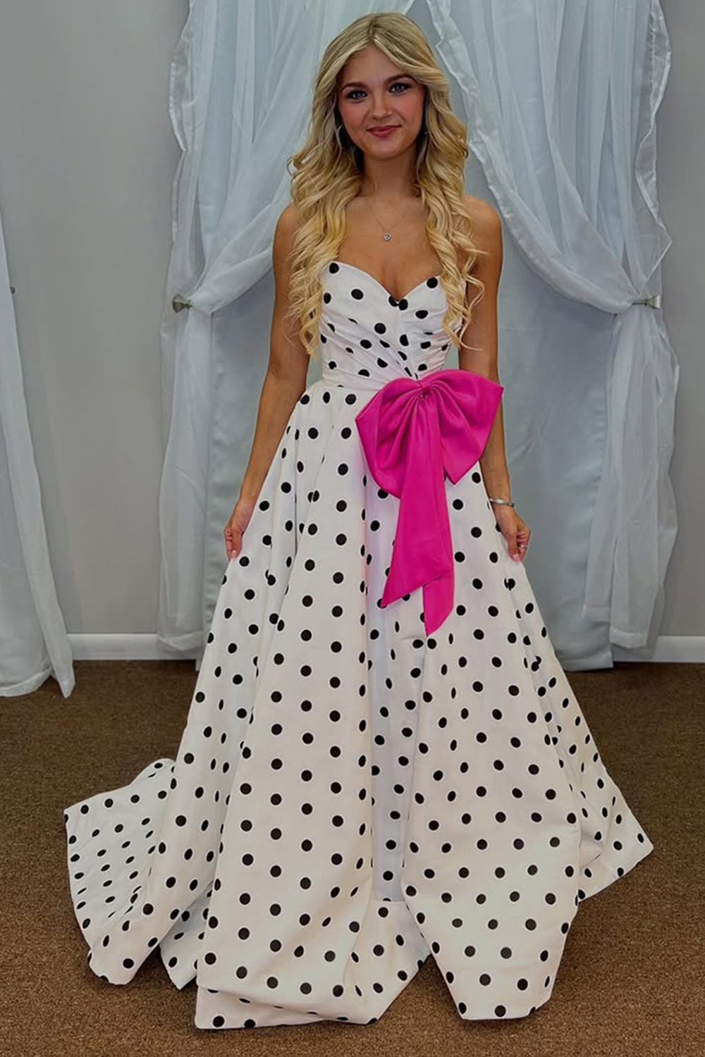 Fuchsia A Line Sweetheart Polka Dots Long Prom Dress with Bow