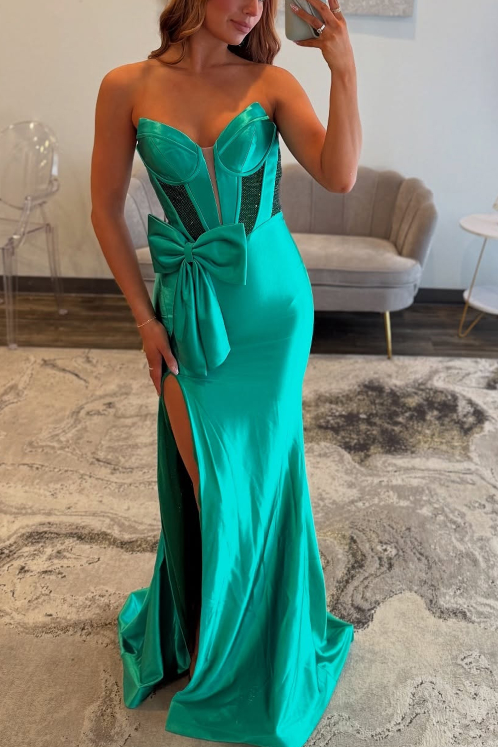 Green Mermaid Satin Strapless Long Corset Prom Dress with Bow