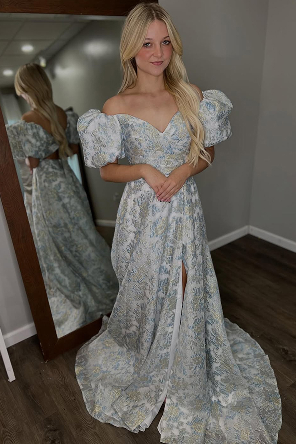 Grey Blue Floral A Line Off the Shoulder Long Prom Dress with Sleeves