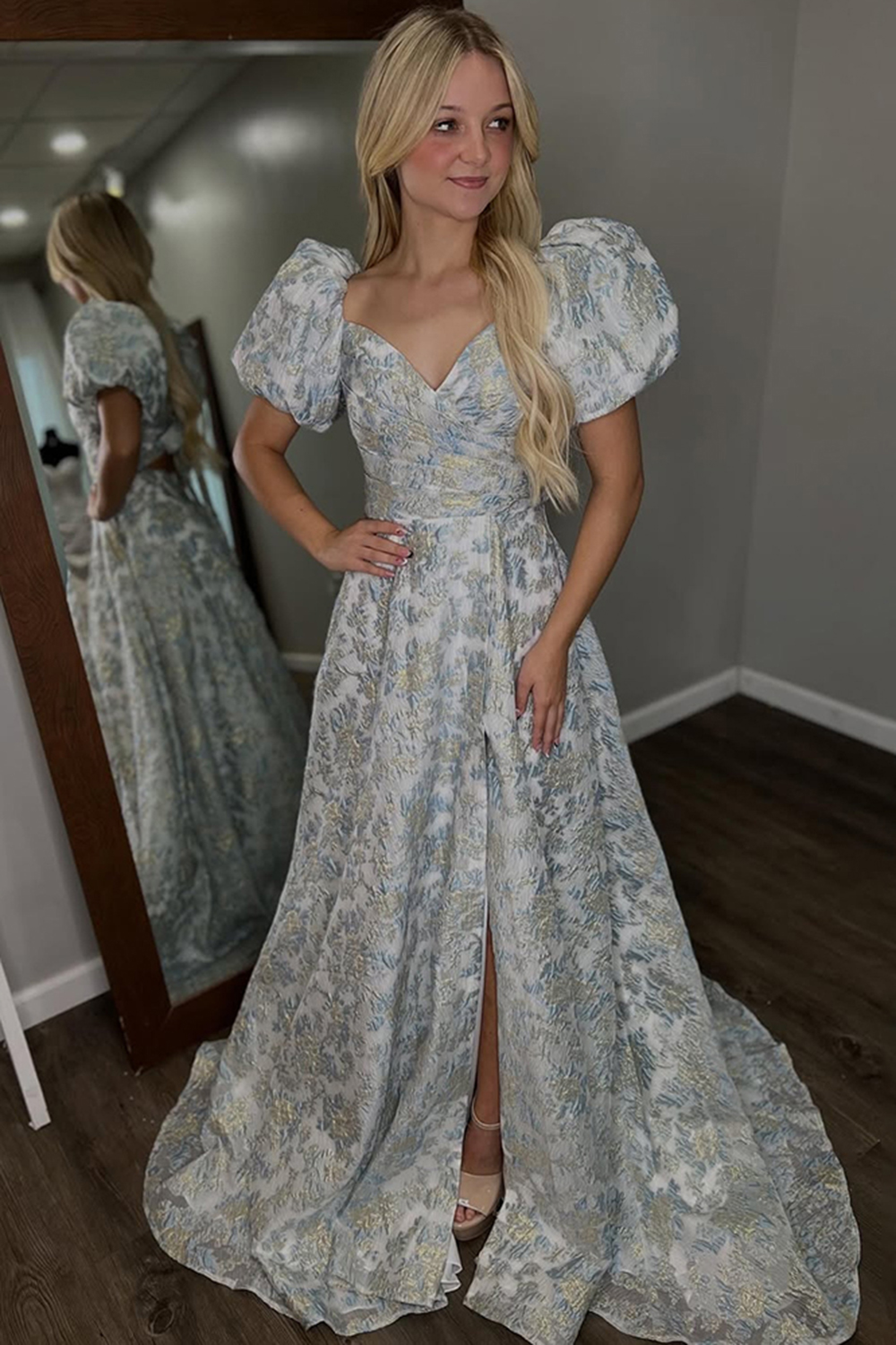Grey Blue Floral A Line Off the Shoulder Long Prom Dress with Sleeves