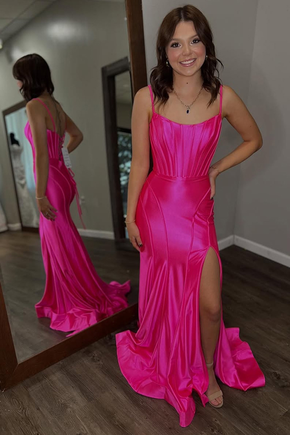 Dark Blue Corset Long Satin Spaghetti Straps Prom Dress with Slit