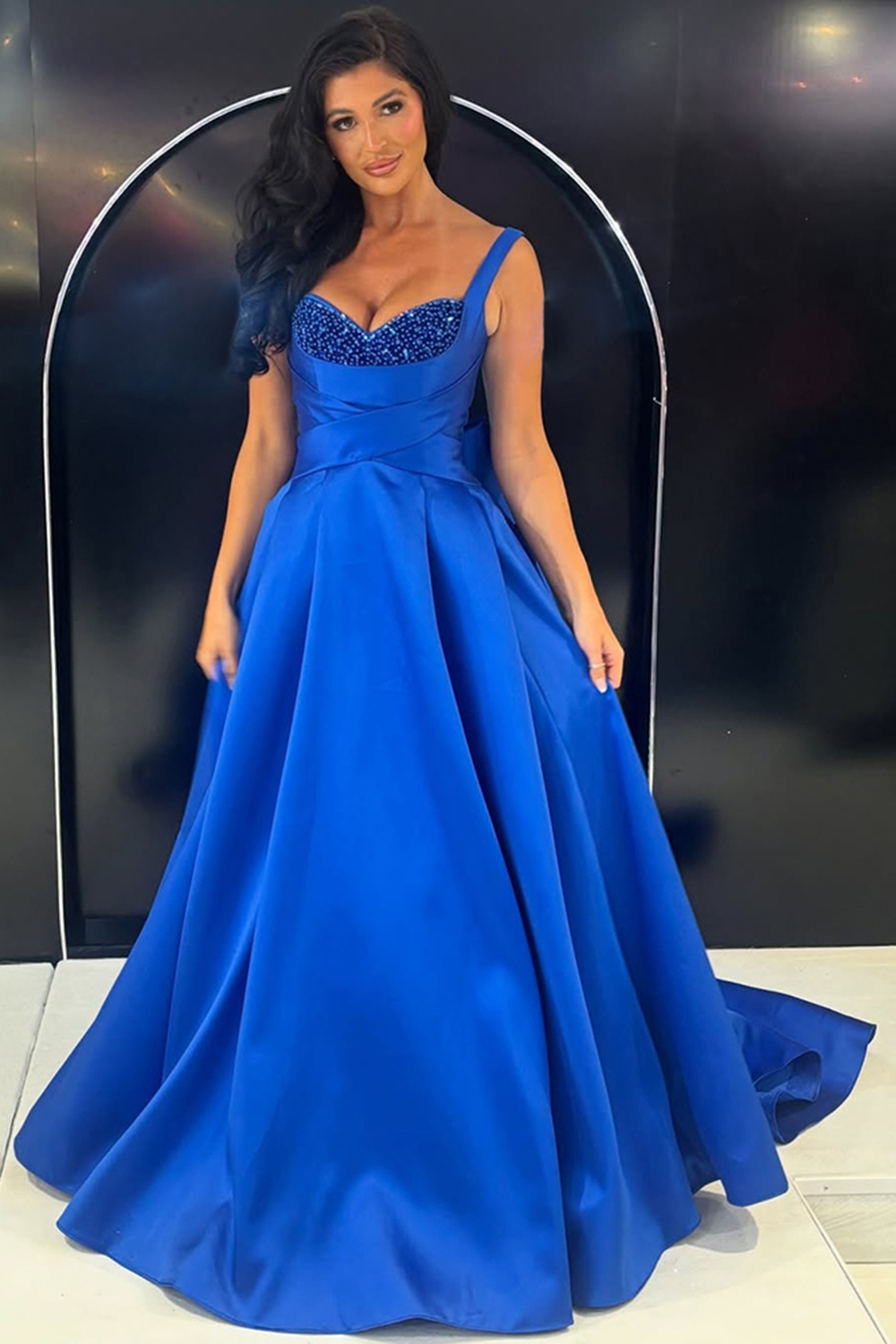 Sparkly Royal Blue Satin A Line Thick Straps Long Prom Dress with Beading