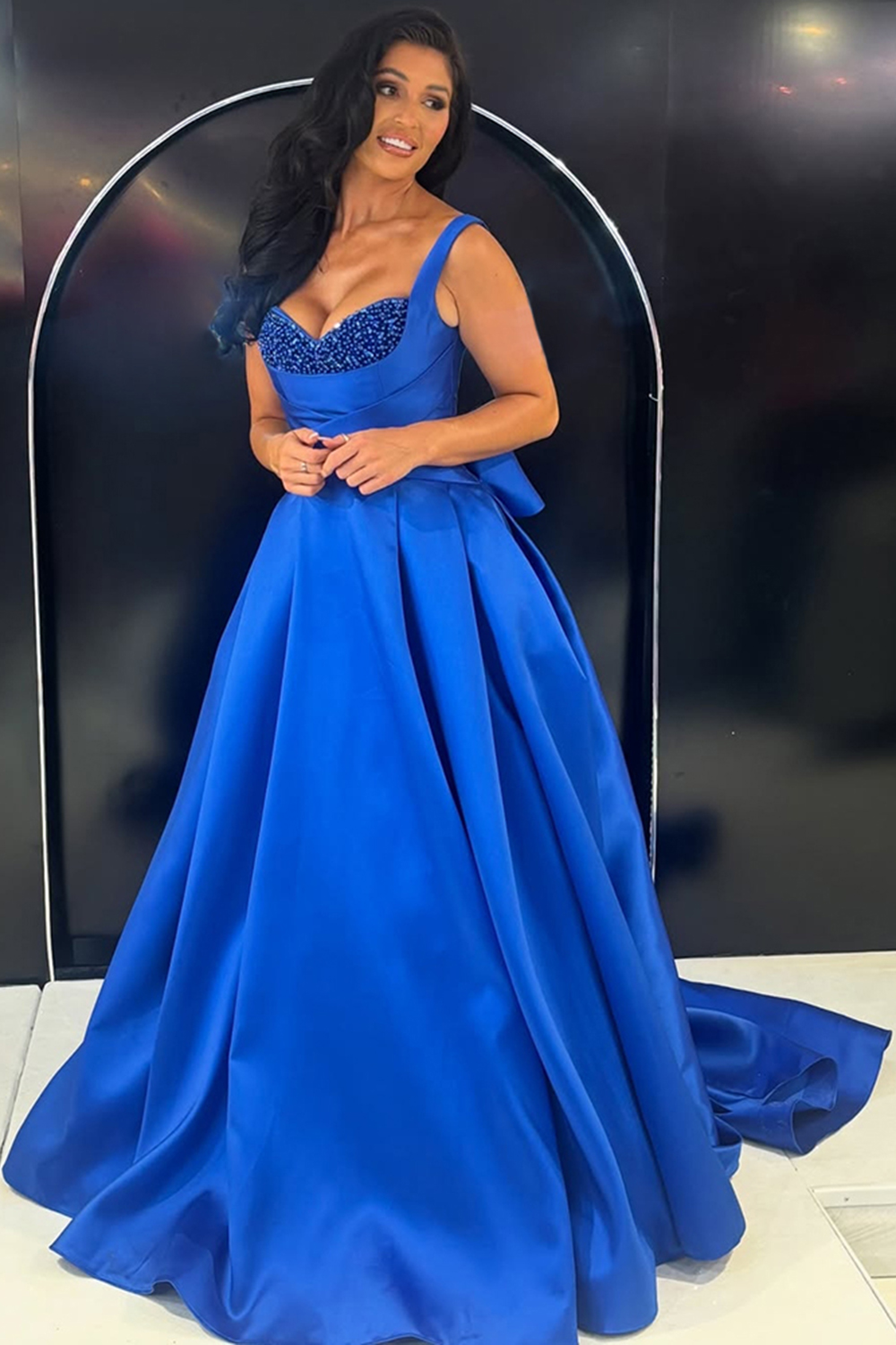 Sparkly Royal Blue Satin A Line Thick Straps Long Prom Dress with Beading