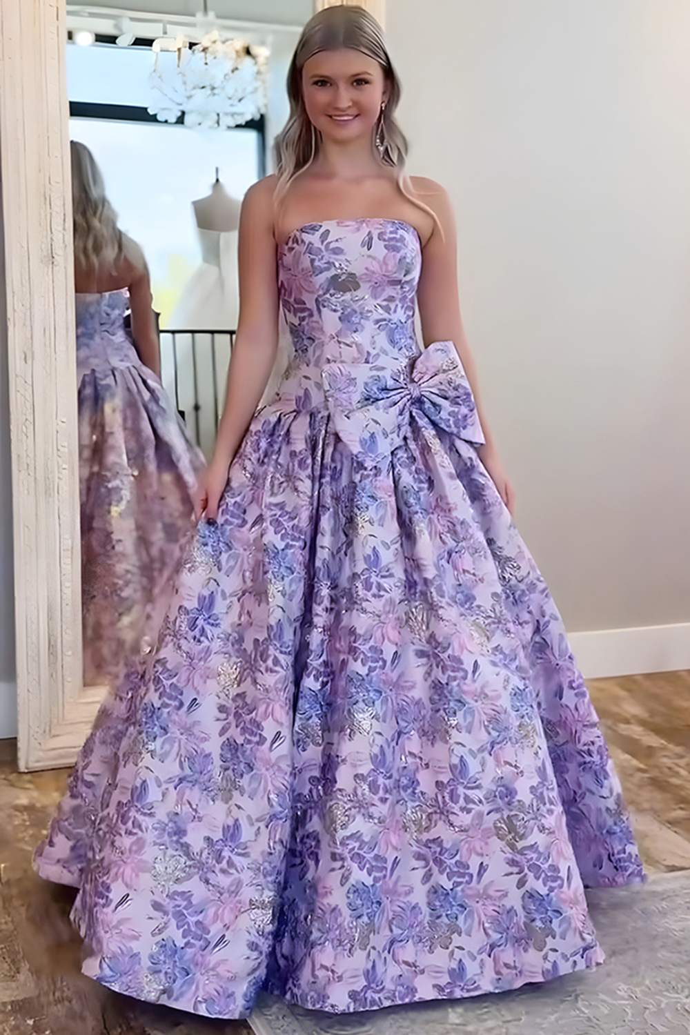 Purple Floral A Line Strapless Long Prom Dress with Bow