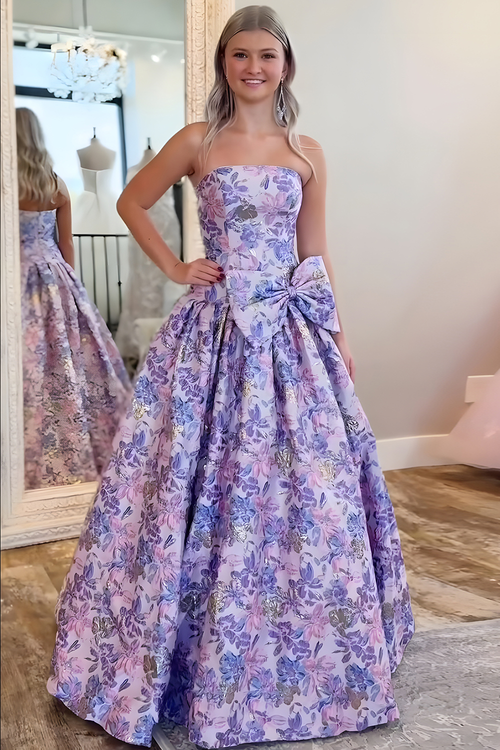 Purple Floral A Line Strapless Long Prom Dress with Bow