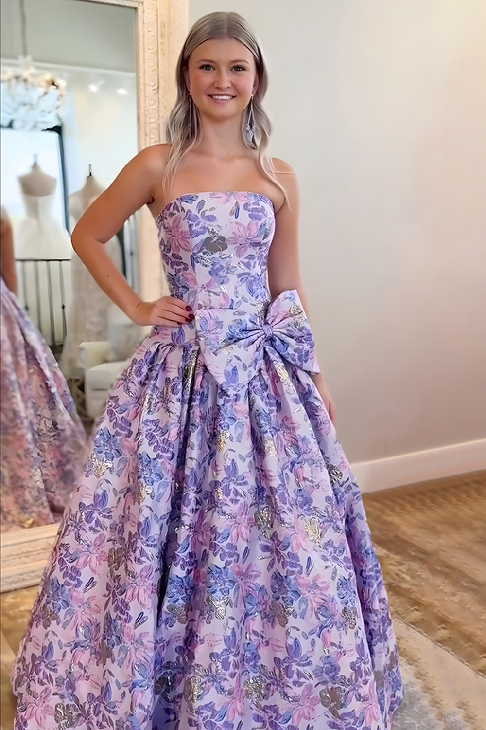 Purple Floral A Line Strapless Long Prom Dress with Bow