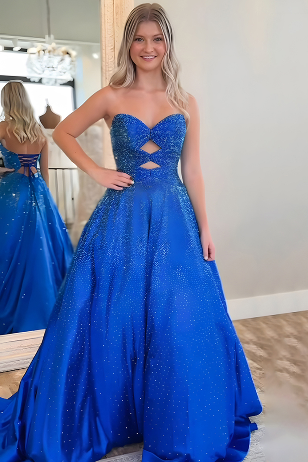 Sparkly Royal Blue A Line Cut Out Sweetheart Long Prom Dress with Beading