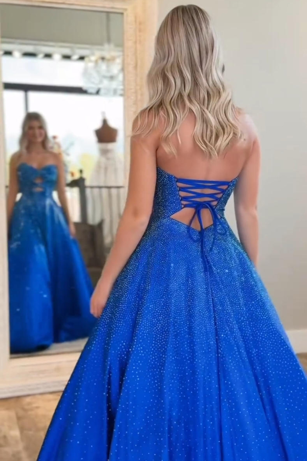 Sparkly Royal Blue A Line Cut Out Sweetheart Long Prom Dress with Beading