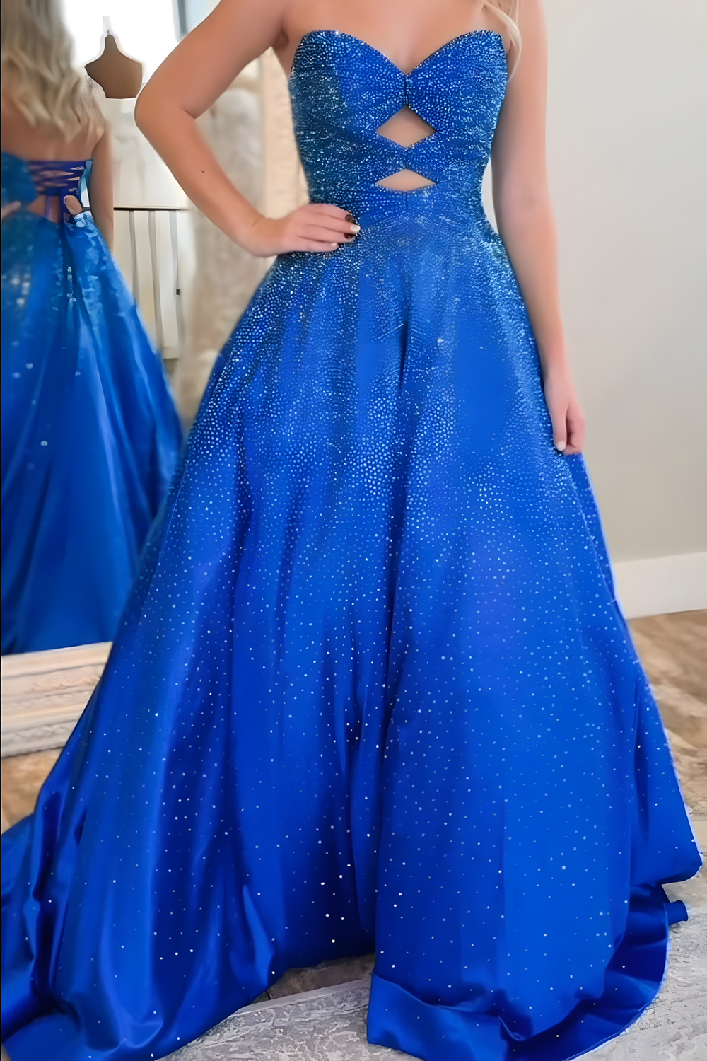 Sparkly Royal Blue A Line Cut Out Sweetheart Long Prom Dress with Beading