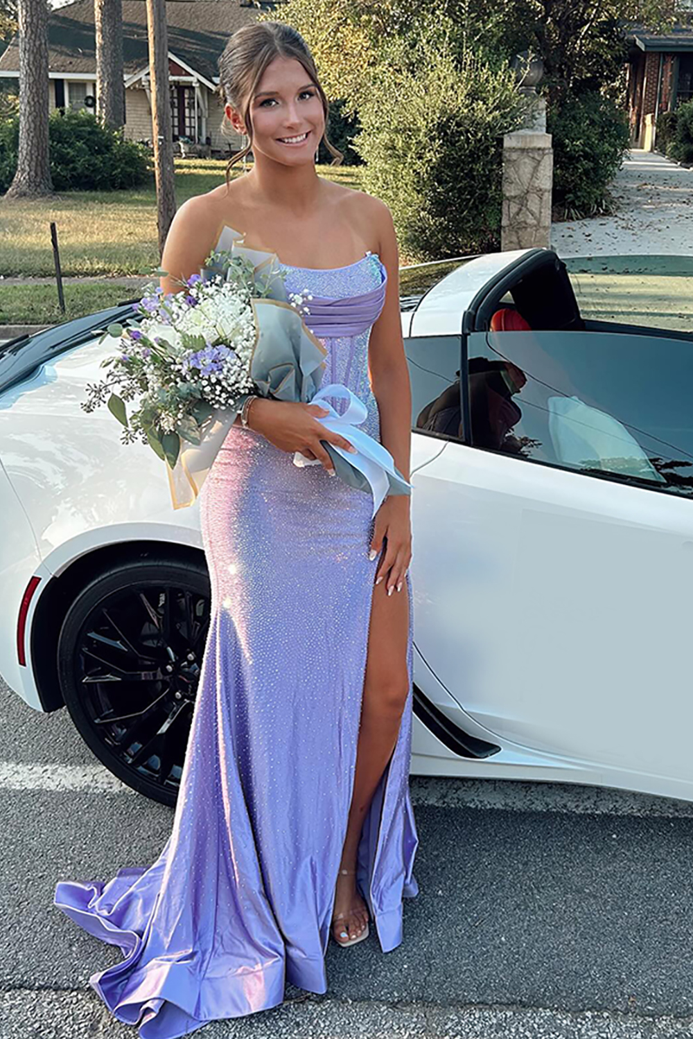 Sparkly Blue Mermaid Strapless Beaded Corset Long Prom Dress with Slit