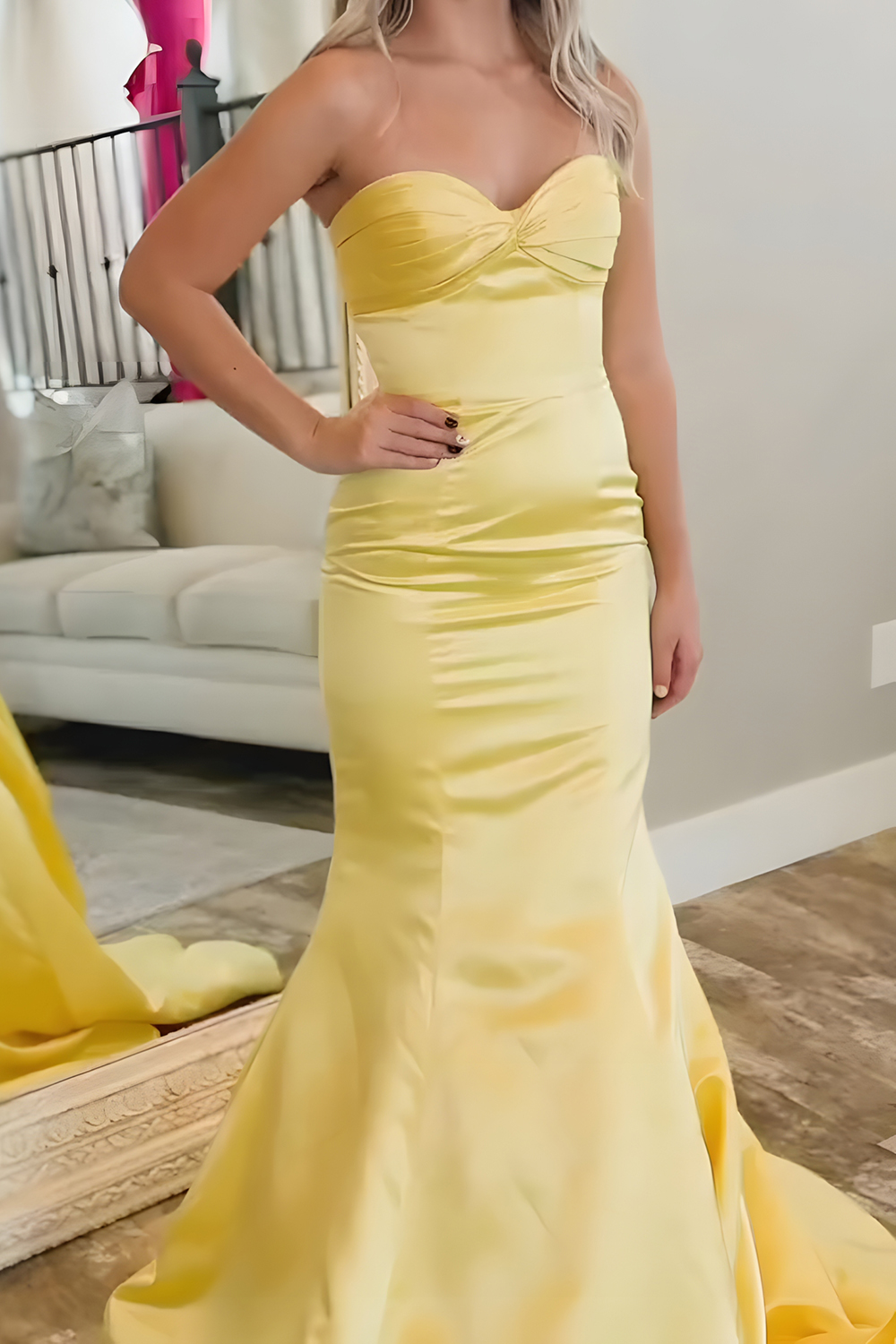 Yellow Satin Mermaid Sweetheart Long Prom Dress