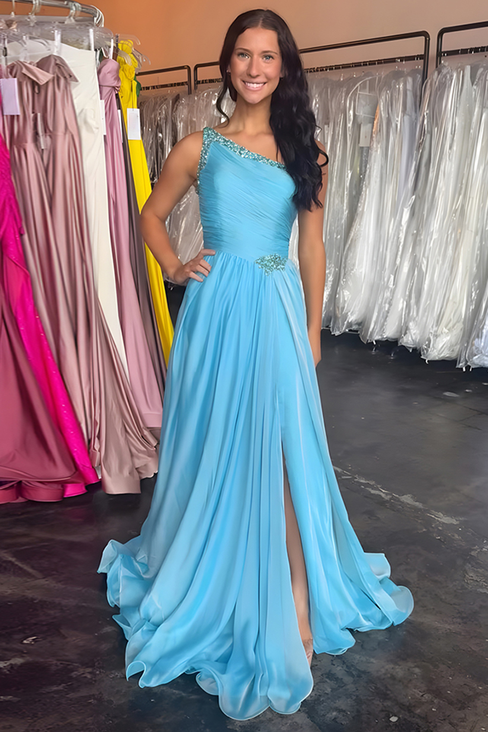 Blue A Line One Shoulder Mermaid Long Prom Dress with Slit