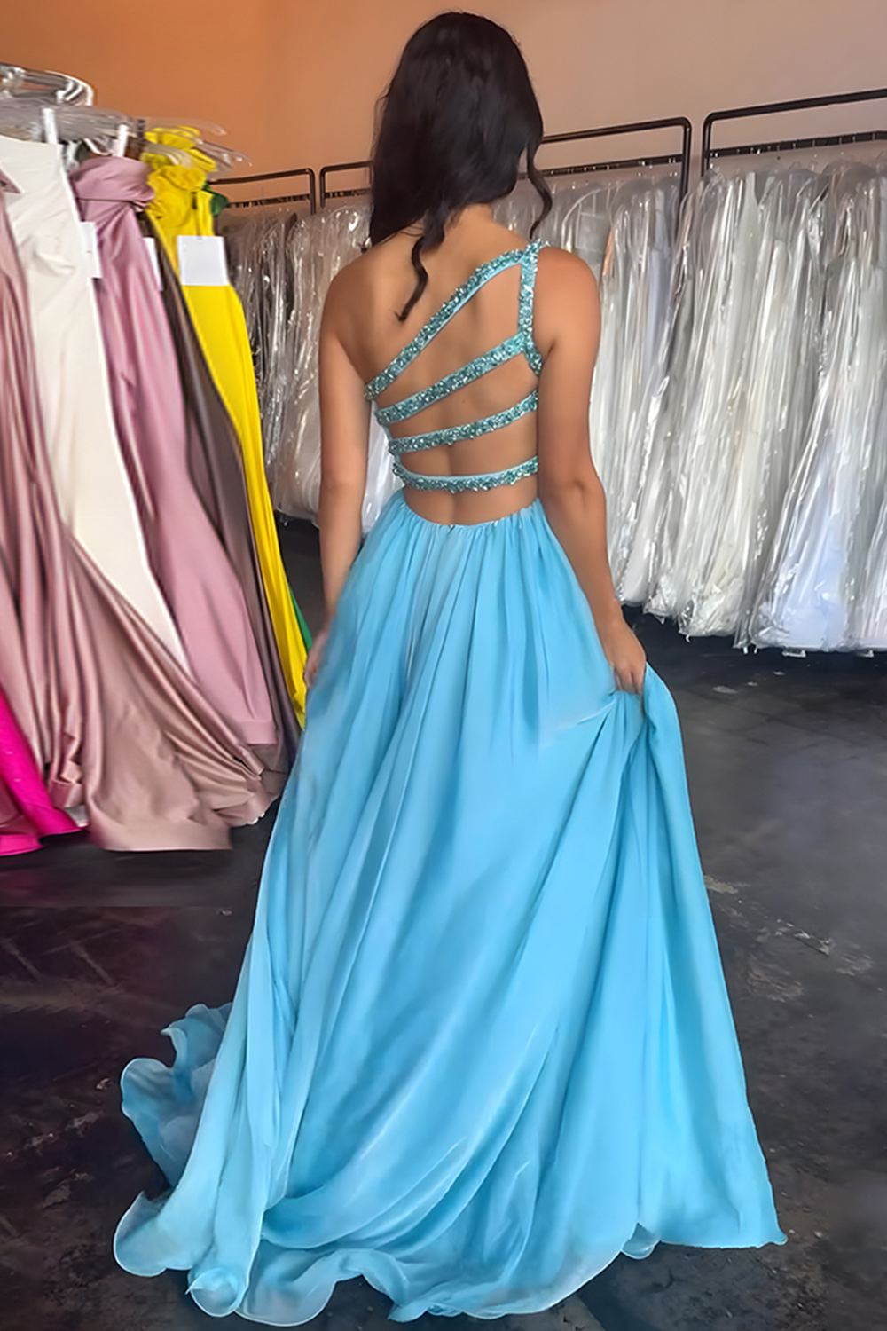 Blue A Line One Shoulder Mermaid Long Prom Dress with Slit