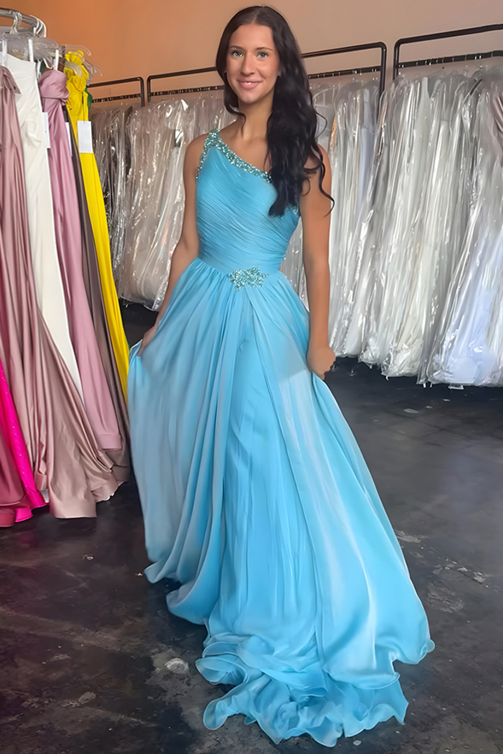 Blue A Line One Shoulder Mermaid Long Prom Dress with Slit