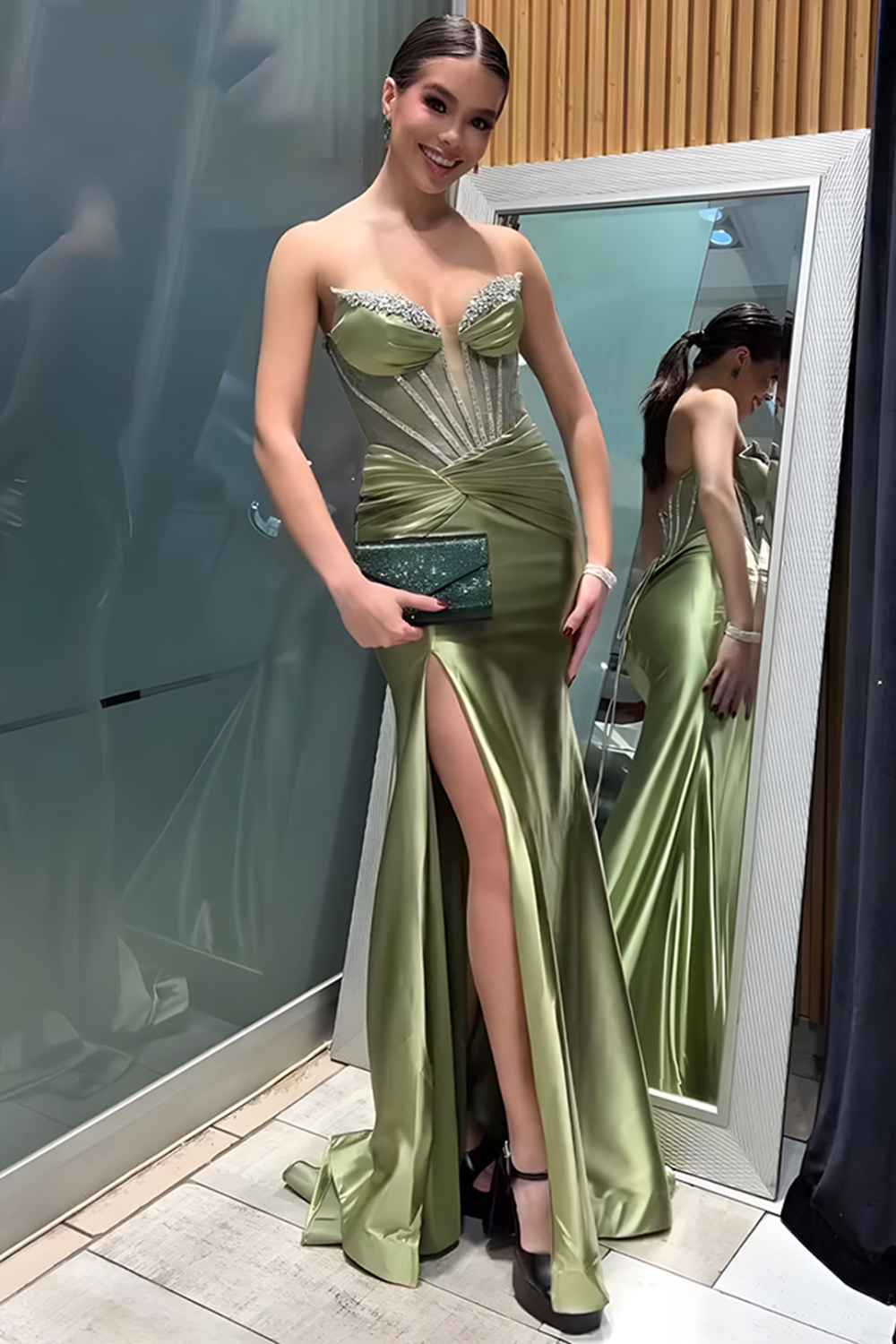 Green Satin Mermaid Ruched Long Corset Prom Dress with Slit