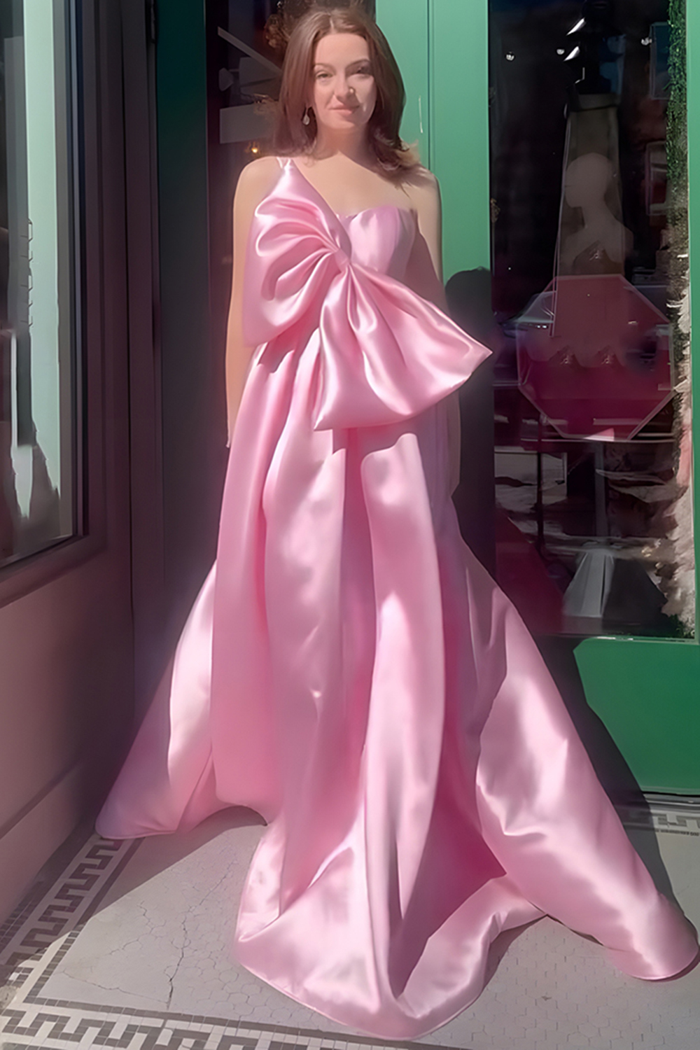 Pink Satin A Line One Shoulder Long Prom Dress with Bow