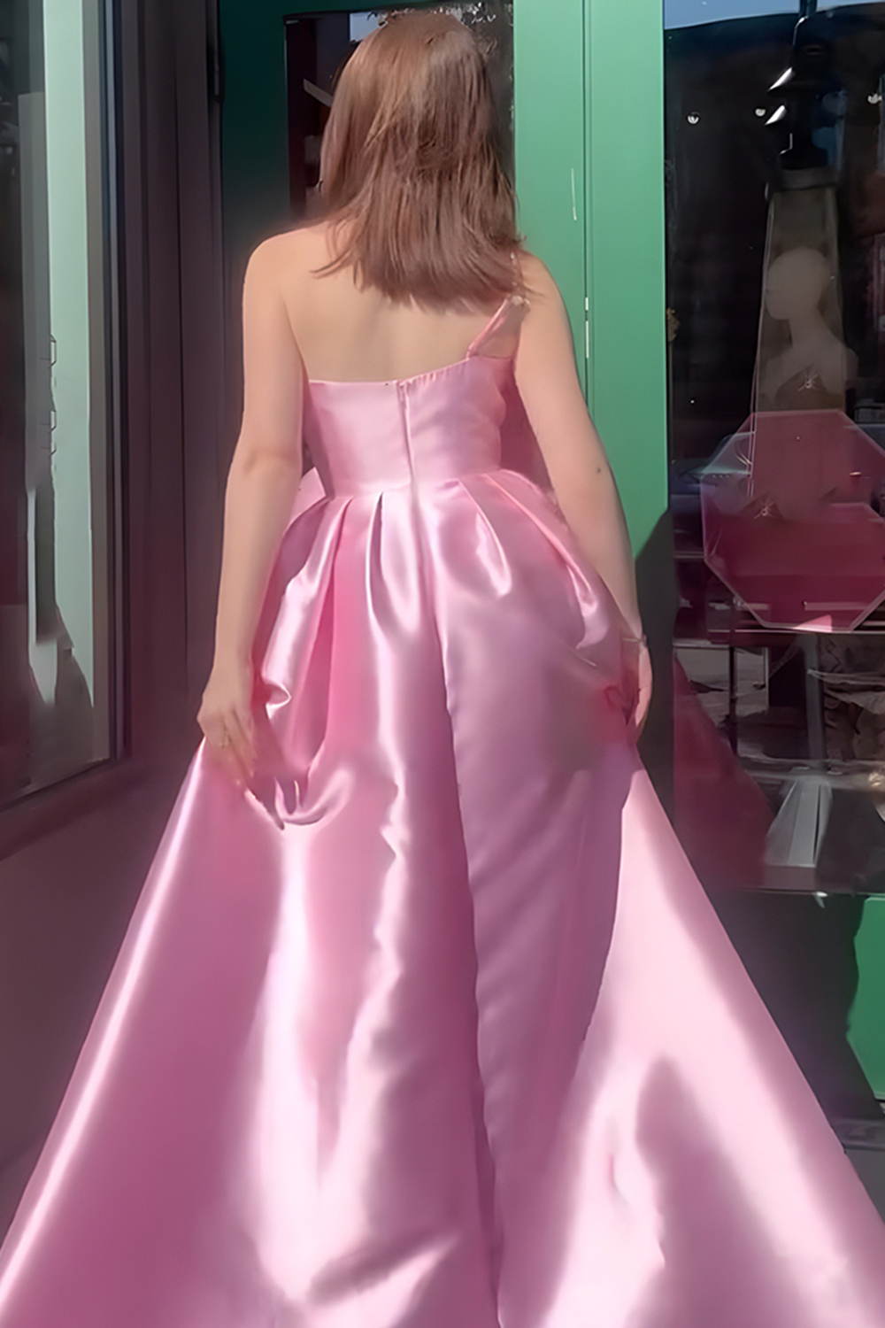 Pink Satin A Line One Shoulder Long Prom Dress with Bow