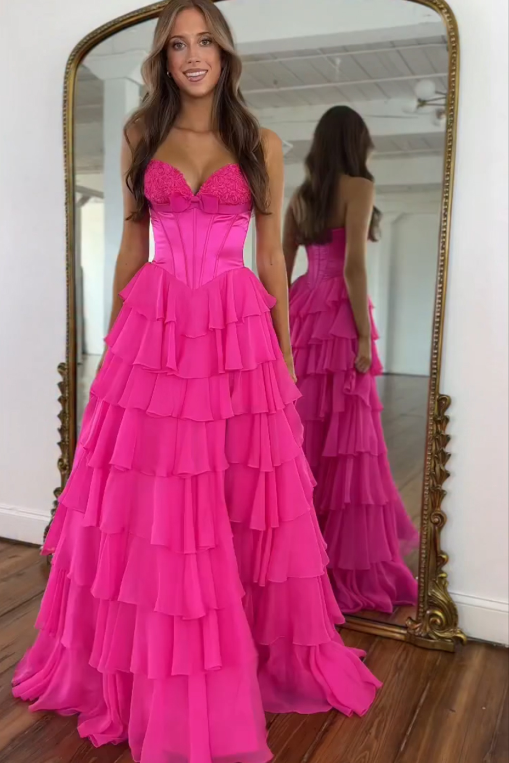 Fuchsia A Line Tiered Strapless Long Corset Prom Dress with Slit