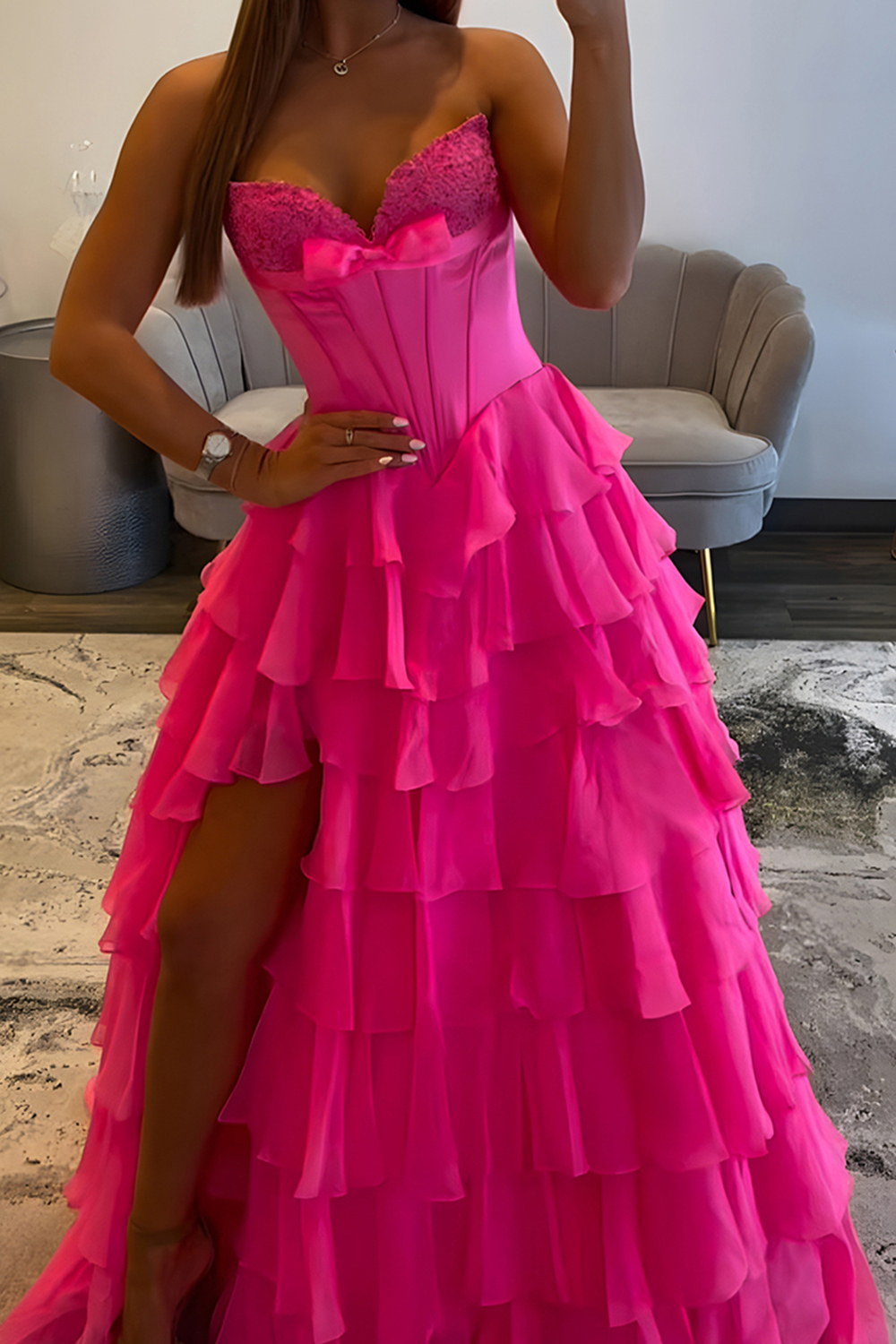 Fuchsia A Line Tiered Strapless Long Corset Prom Dress with Slit