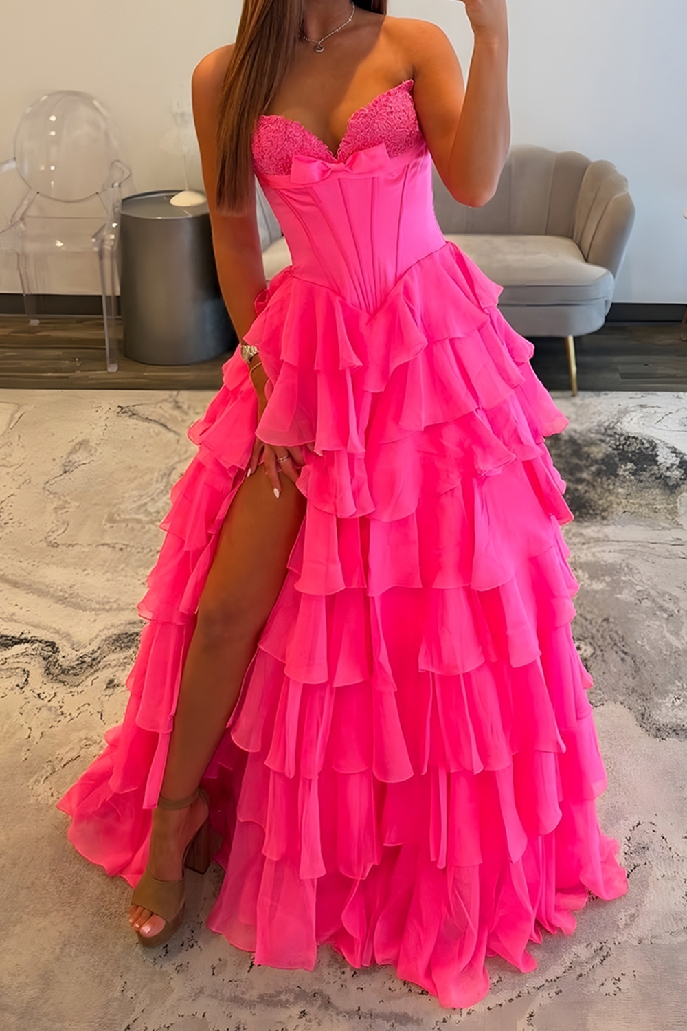 Fuchsia A Line Tiered Strapless Long Corset Prom Dress with Slit