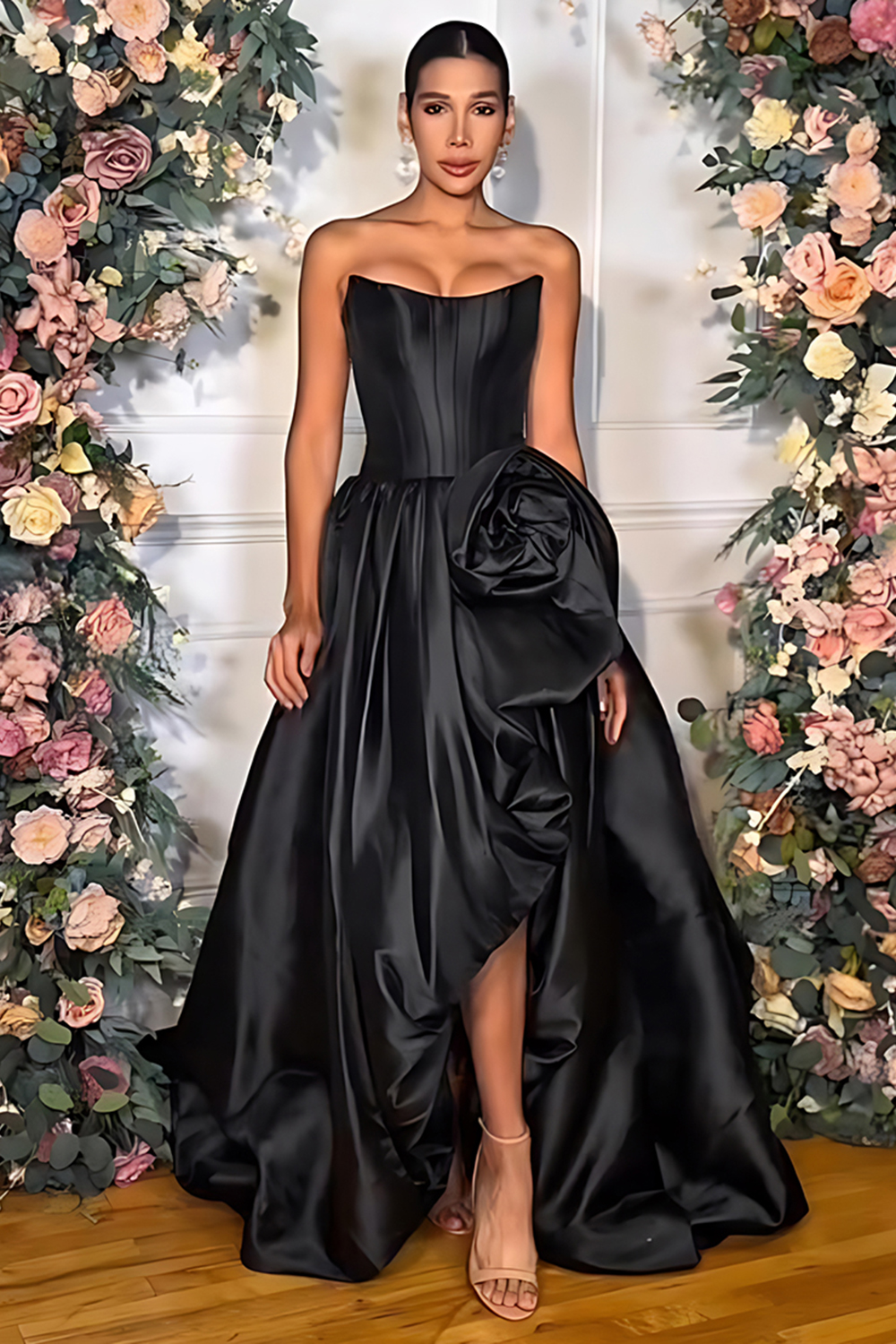 Blush A Line Satin Strapless Long Corset Prom Dress with 3D Flower