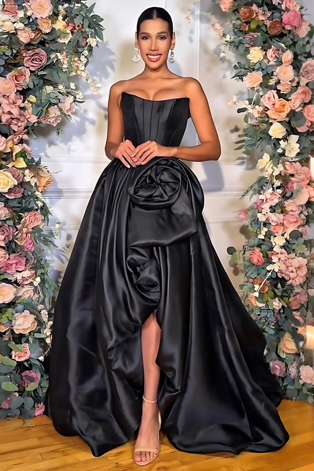 Blush A Line Satin Strapless Long Corset Prom Dress with 3D Flower