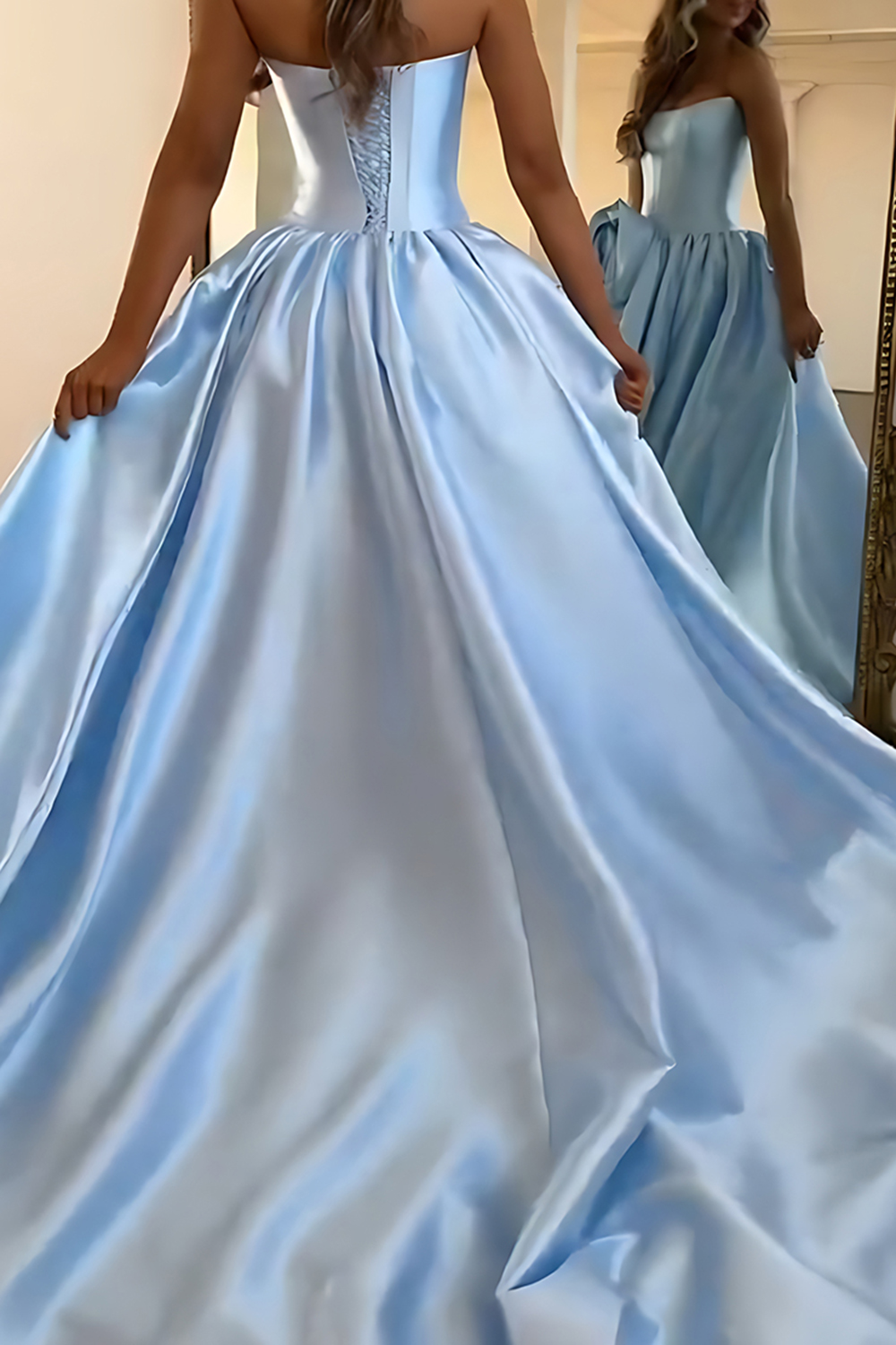 Blush A Line Satin Strapless Long Corset Prom Dress with 3D Flower