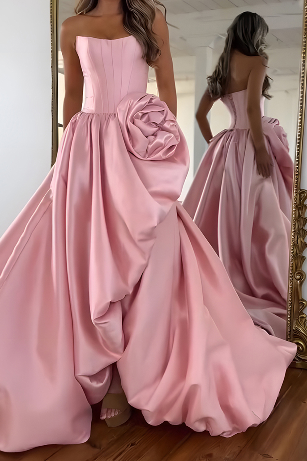 Blush A Line Satin Strapless Long Corset Prom Dress with 3D Flower