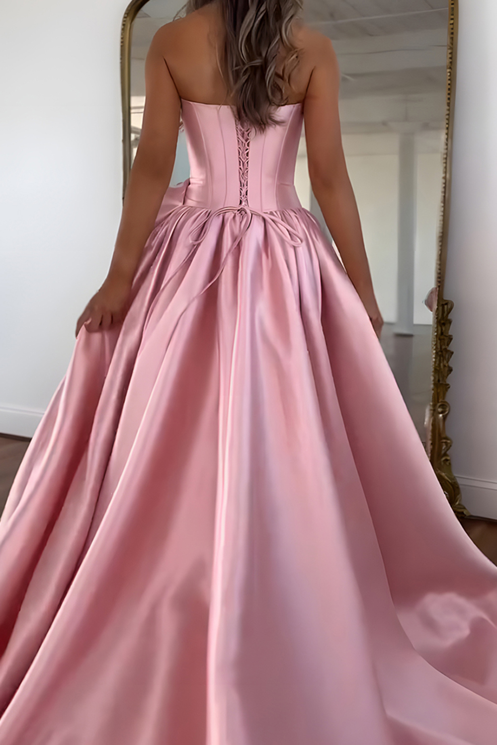 Blush A Line Satin Strapless Long Corset Prom Dress with 3D Flower
