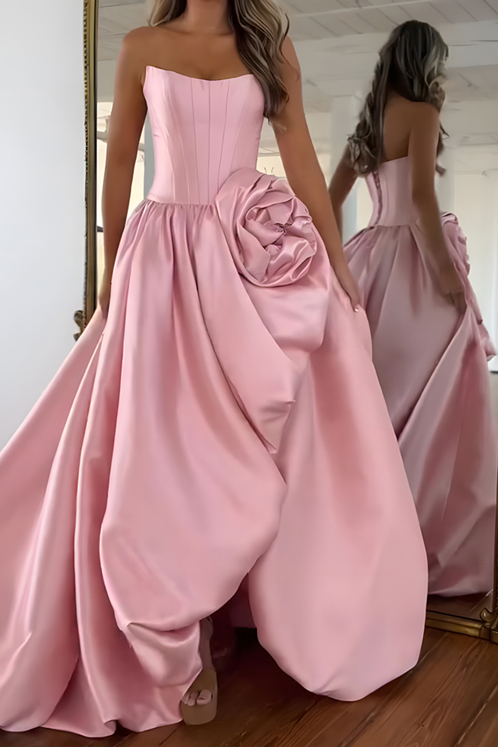 Blush A Line Satin Strapless Long Corset Prom Dress with 3D Flower