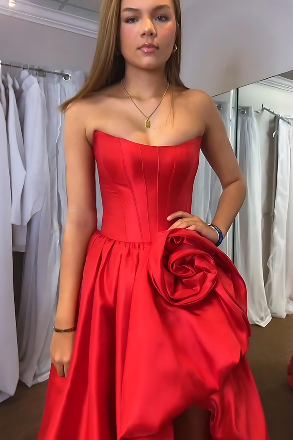 Blush A Line Satin Strapless Long Corset Prom Dress with 3D Flower