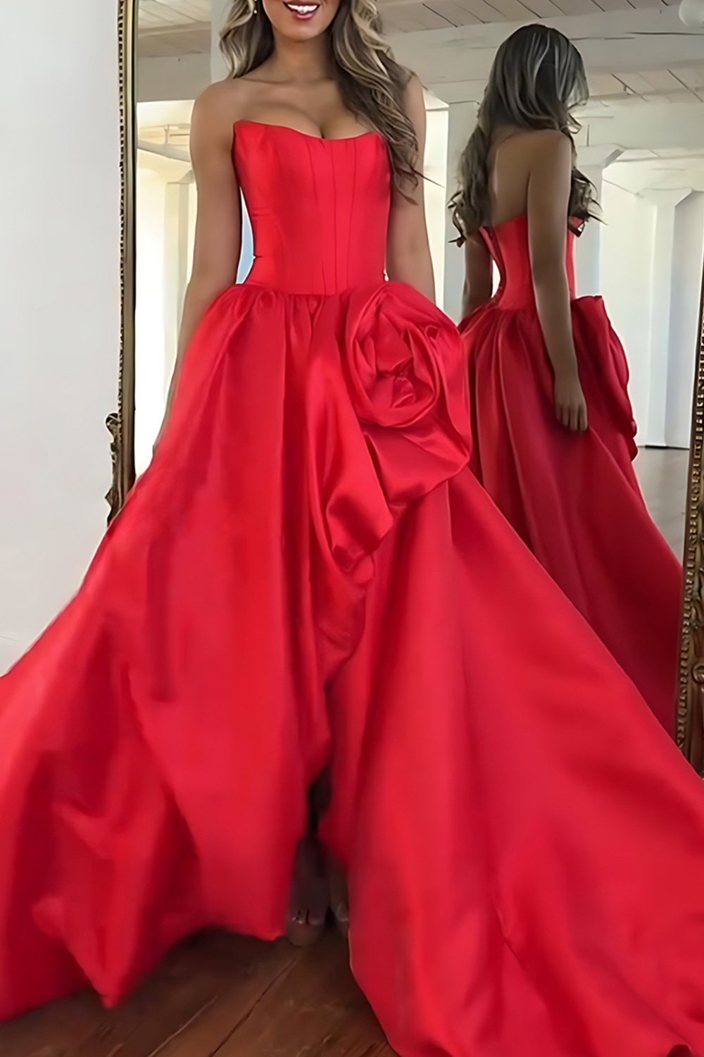 Blush A Line Satin Strapless Long Corset Prom Dress with 3D Flower