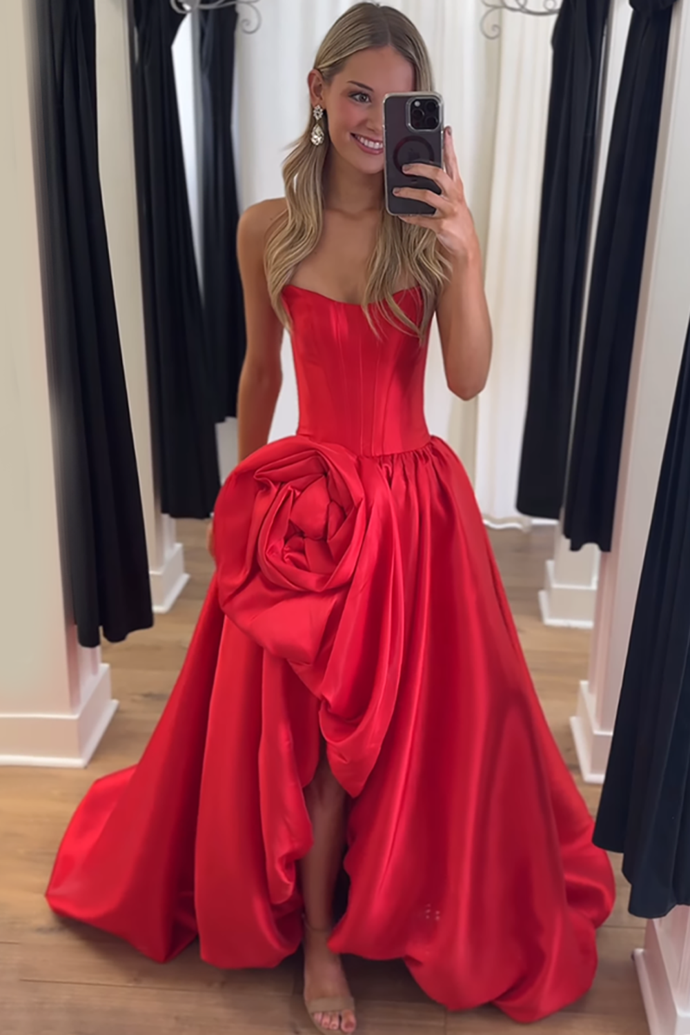 Blush A Line Satin Strapless Long Corset Prom Dress with 3D Flower