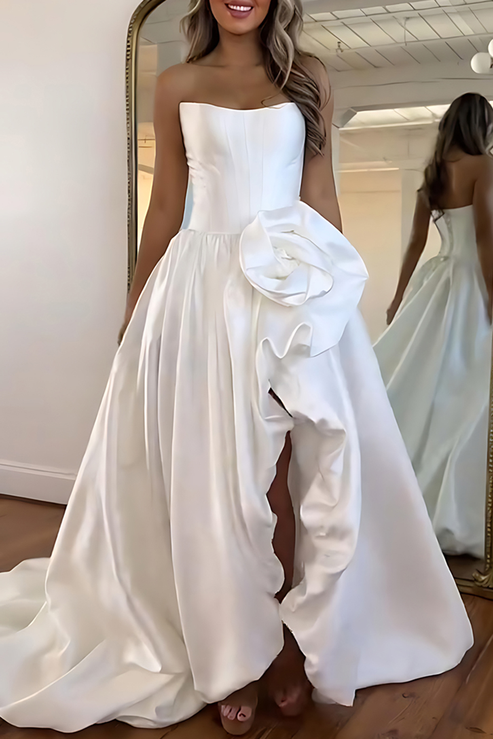 Blush A Line Satin Strapless Long Corset Prom Dress with 3D Flower