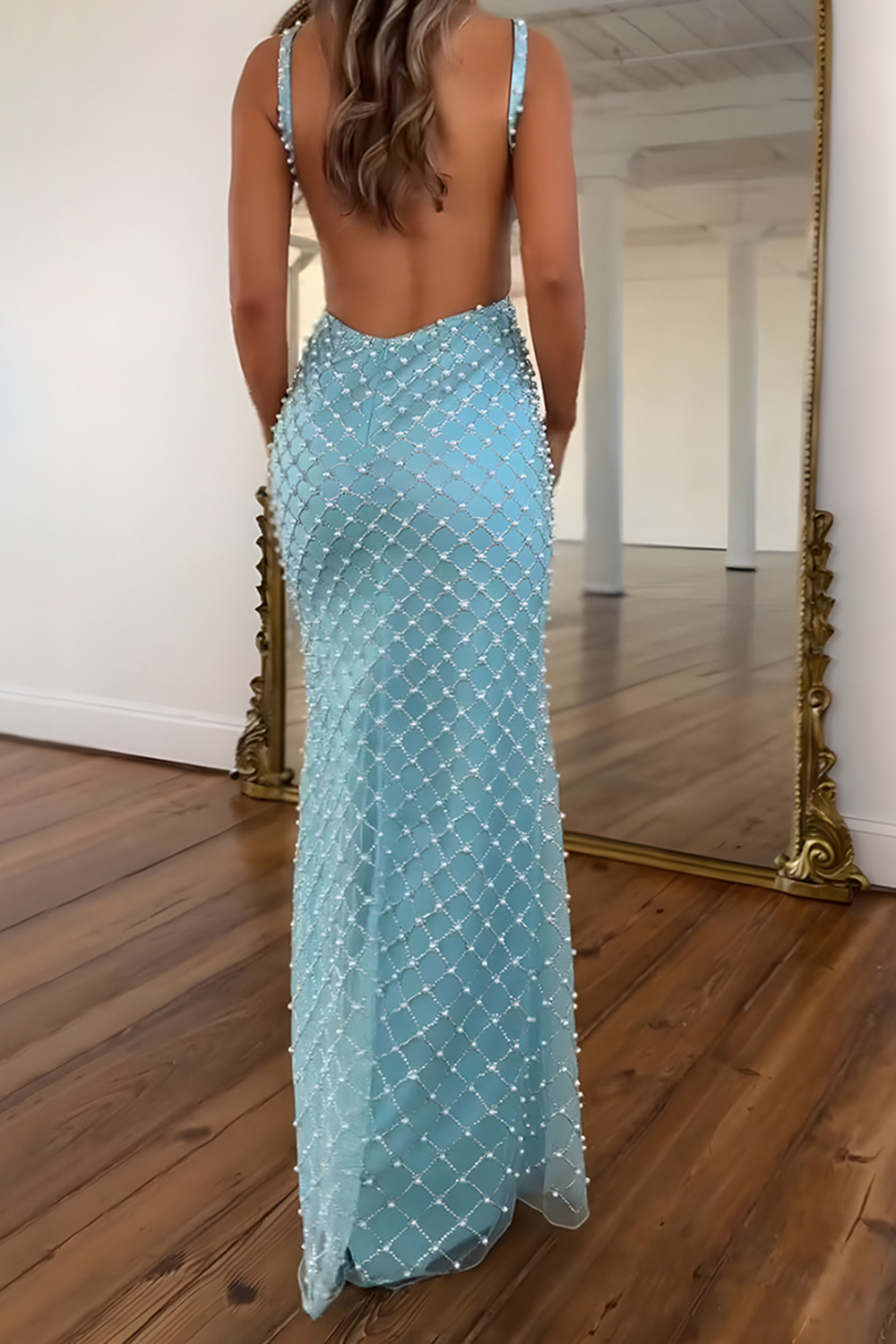 Blue Sheath V-Neck Pearls Long Prom Dress with Slit