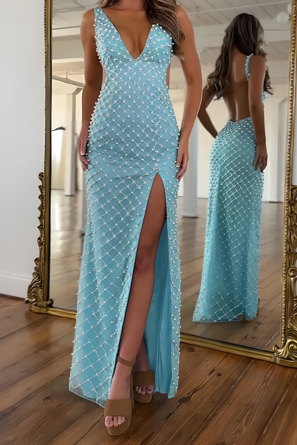 Blue Sheath V-Neck Pearls Long Prom Dress with Slit