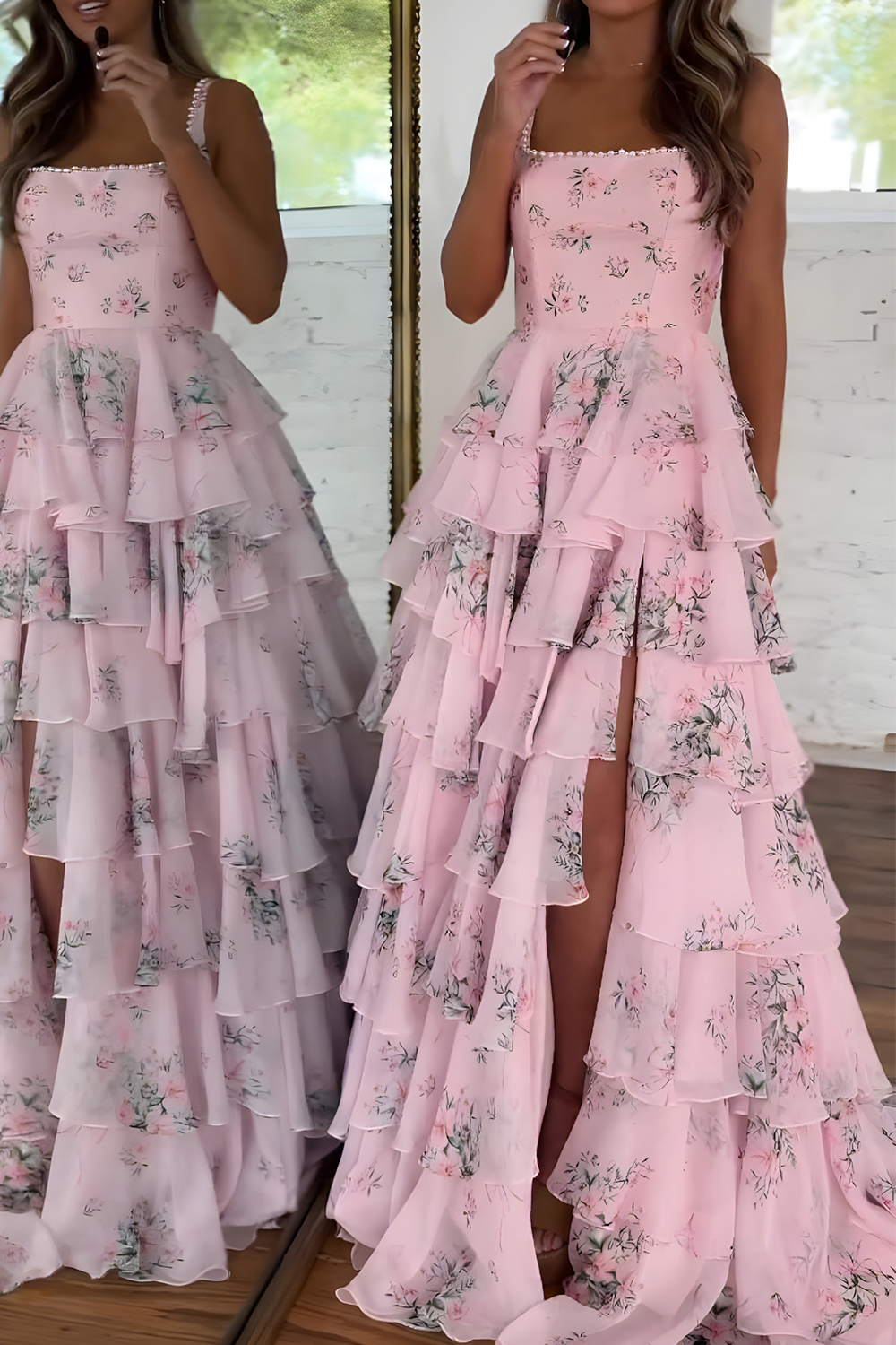 Floral Pink A Line Tiered Spaghetti Straps Long Prom Dress with Slit