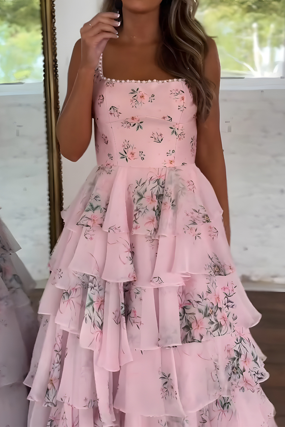 Floral Pink A Line Tiered Spaghetti Straps Long Prom Dress with Slit