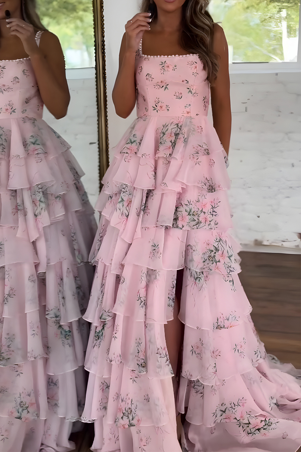 Floral Pink A Line Tiered Spaghetti Straps Long Prom Dress with Slit
