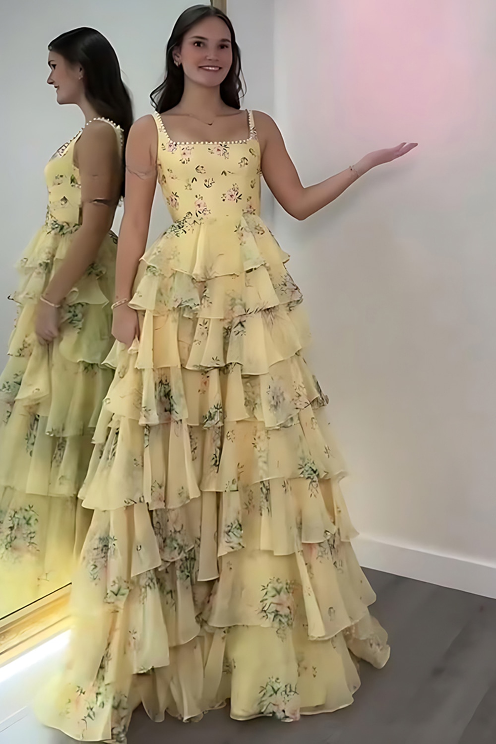 Floral Pink A Line Tiered Spaghetti Straps Long Prom Dress with Slit