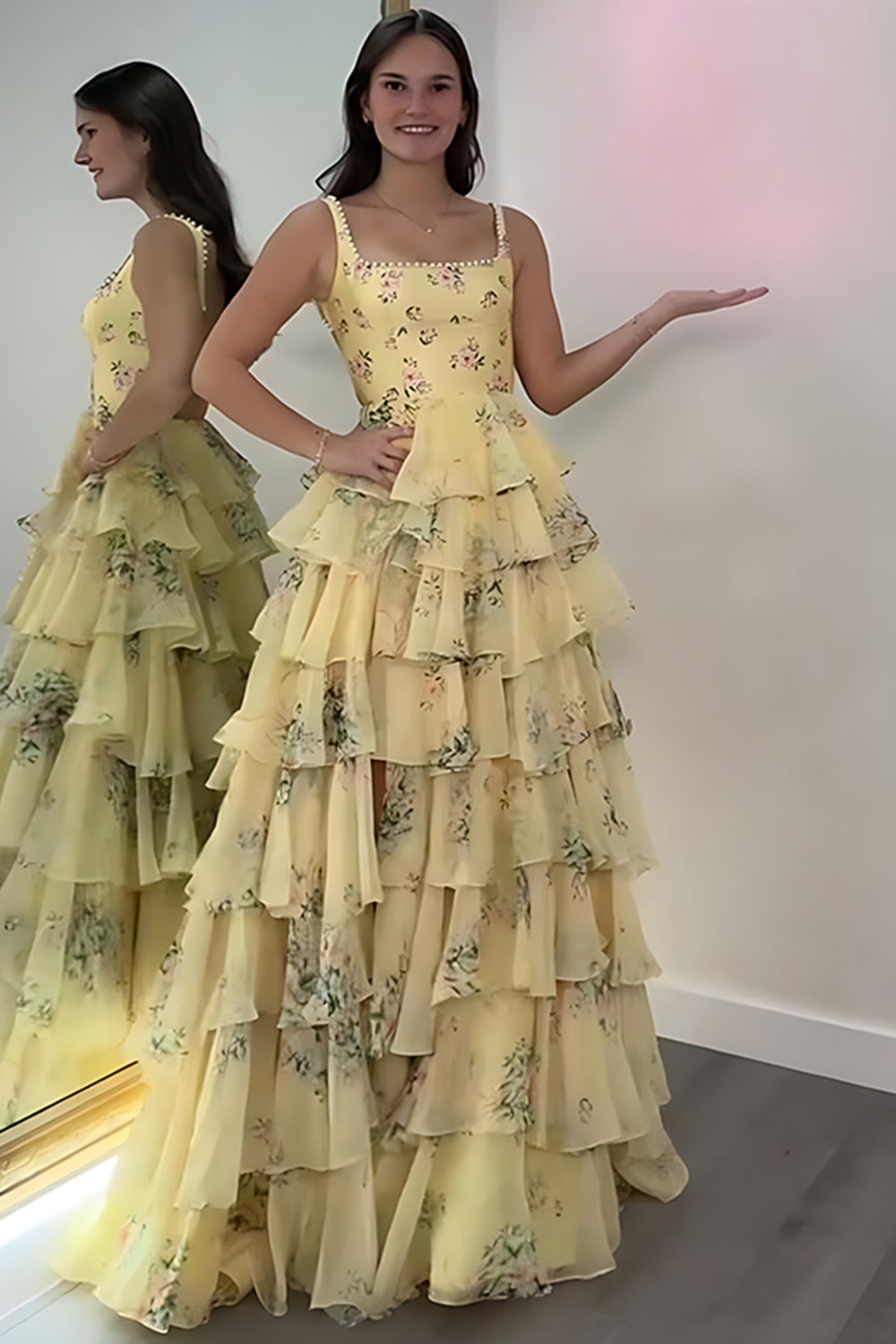 Floral Pink A Line Tiered Spaghetti Straps Long Prom Dress with Slit