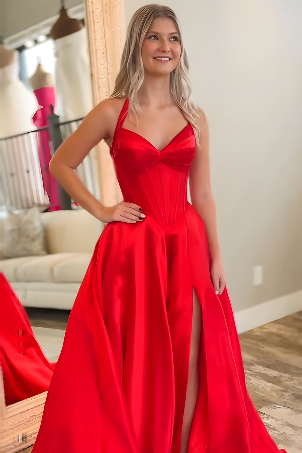 Red Satin A Line Halter Long Corset Prom Dress with Slit