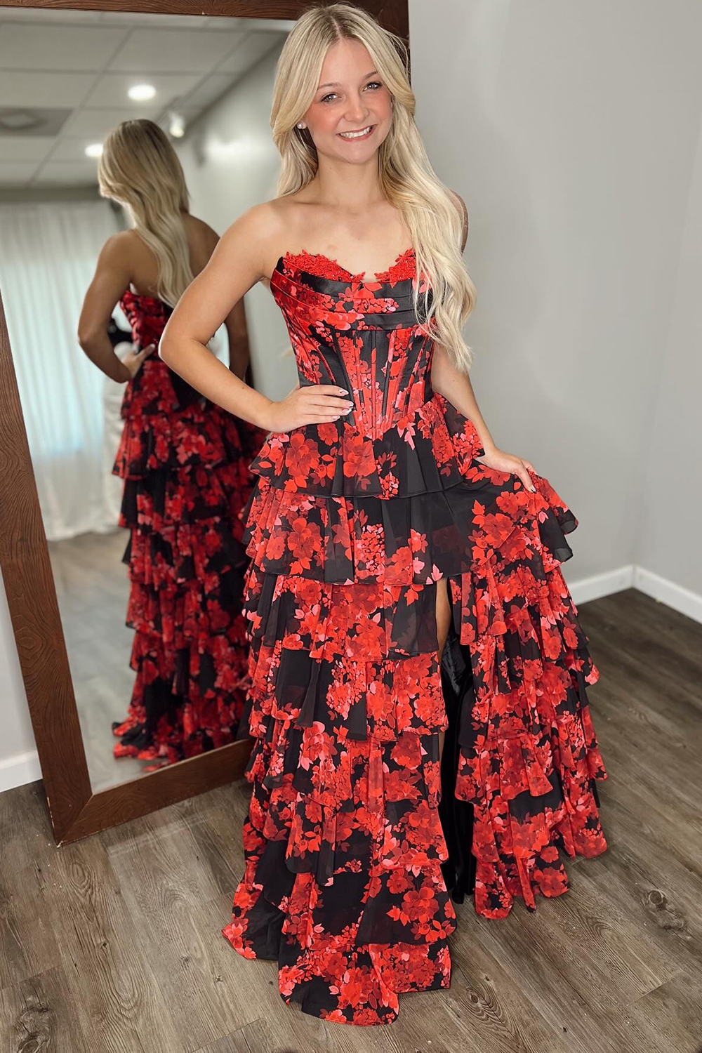 Floral Black Red A Line Tiered Strapless Long Corset Prom Dress with Slit